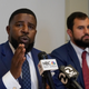 Attorneys Adanté Pointer, left, and Patrick Buelna, speak during a news conference announcing their client’s lawsuit against the city of San Francisco Monday, Sept. 12, 2022.